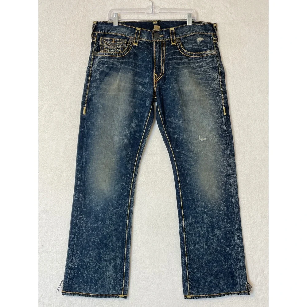 True Religion Ricky Relaxed Straight Big T Stitch Blue Acid Wash Jeans 36x30